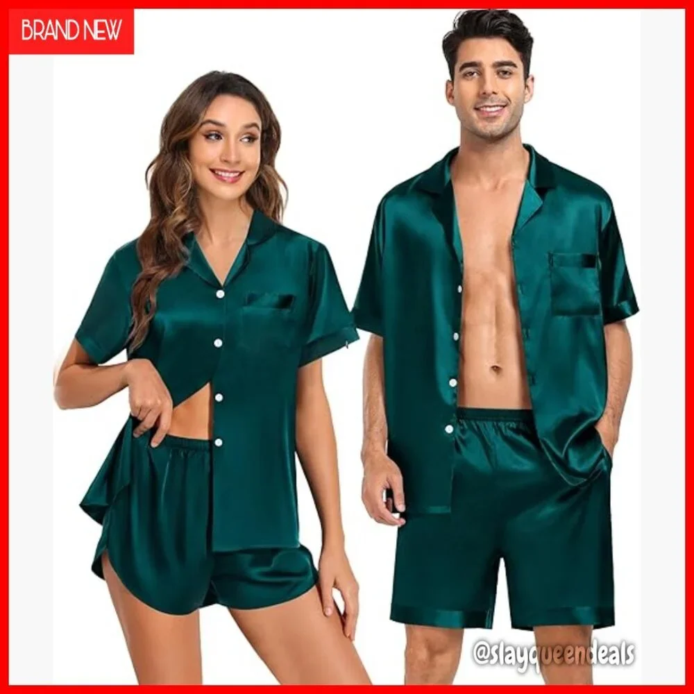 Satin Matching Pajama Set Short Sleeve Button Down Nightwear Loungewear